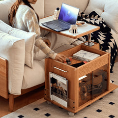 Cherry Wood End Table with Lift Top and Multi-functional Storage - Narrow Side Table with Wheels fyg-668