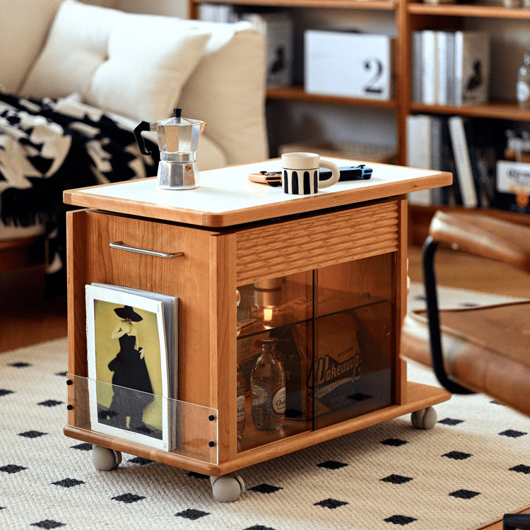 Cherry Wood End Table with Lift Top and Multi-functional Storage - Narrow Side Table with Wheels fyg-668