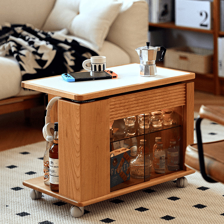 Cherry Wood End Table with Lift Top and Multi-functional Storage - Narrow Side Table with Wheels fyg-668