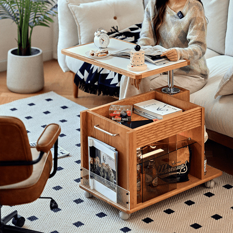 Cherry Wood End Table with Lift Top and Multi-functional Storage - Narrow Side Table with Wheels fyg-668