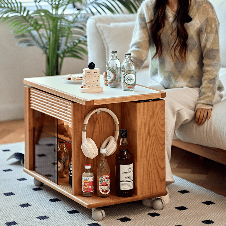 Cherry Wood End Table with Lift Top and Multi-functional Storage - Narrow Side Table with Wheels fyg-668