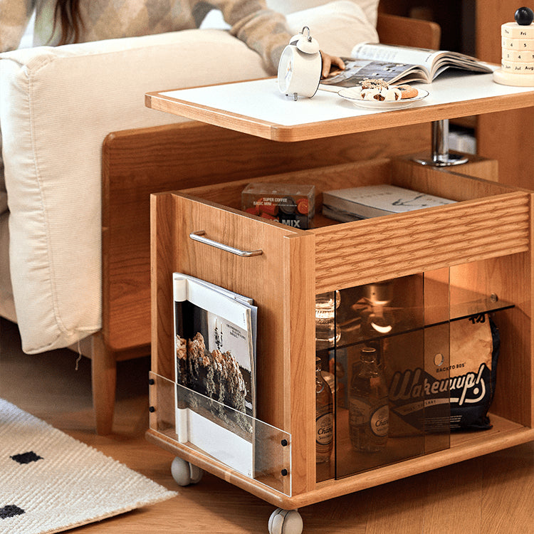 Cherry Wood End Table with Lift Top and Multi-functional Storage - Narrow Side Table with Wheels fyg-668