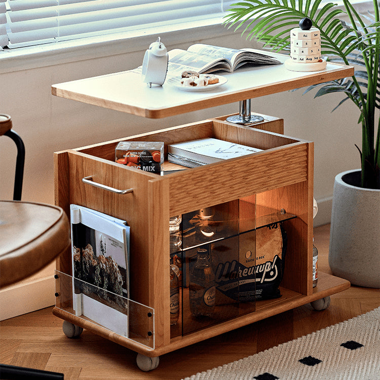 Cherry Wood End Table with Lift Top and Multi-functional Storage - Narrow Side Table with Wheels fyg-668