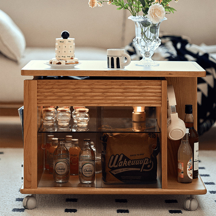 Cherry Wood End Table with Lift Top and Multi-functional Storage - Narrow Side Table with Wheels fyg-668