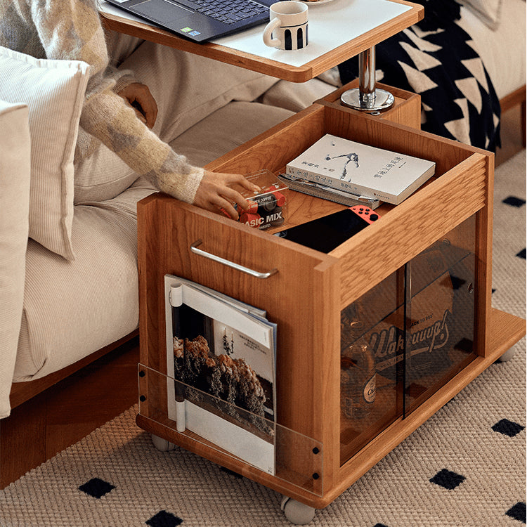 Cherry Wood End Table with Lift Top and Multi-functional Storage - Narrow Side Table with Wheels fyg-668