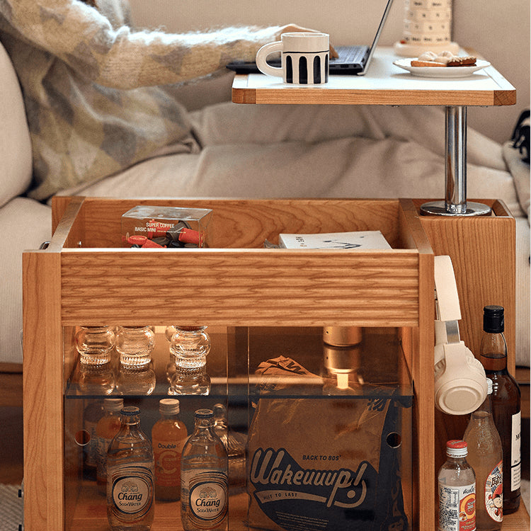 Cherry Wood End Table with Lift Top and Multi-functional Storage - Narrow Side Table with Wheels fyg-668