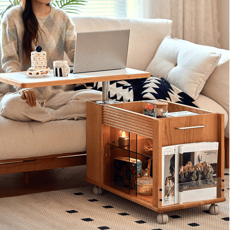 Cherry Wood End Table with Lift Top and Multi-functional Storage - Narrow Side Table with Wheels fyg-668