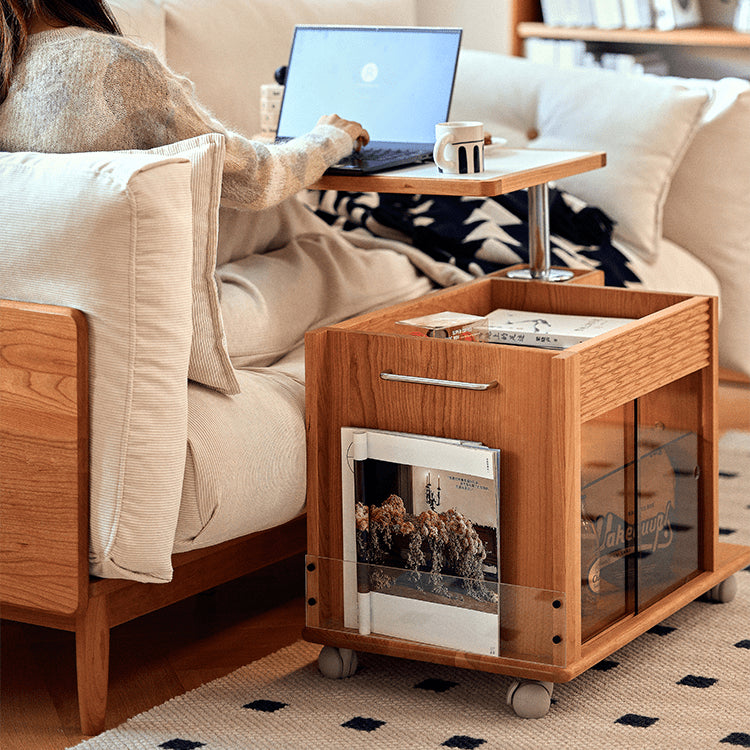 Cherry Wood End Table with Lift Top and Multi-functional Storage - Narrow Side Table with Wheels fyg-668