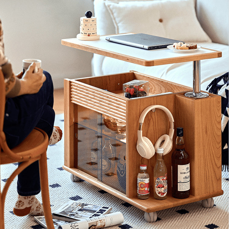 Cherry Wood End Table with Lift Top and Multi-functional Storage - Narrow Side Table with Wheels fyg-668