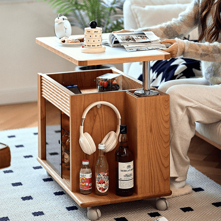 Cherry Wood End Table with Lift Top and Multi-functional Storage - Narrow Side Table with Wheels fyg-668