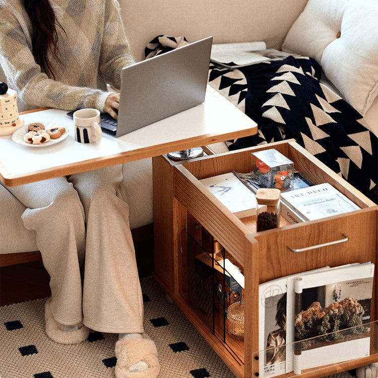 Cherry Wood End Table with Lift Top and Multi-functional Storage - Narrow Side Table with Wheels fyg-668