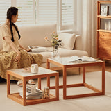 2-Pieces Square Cherry Wood Coffee Table – Modern with Glass Top for LIvingroom fyg-669
