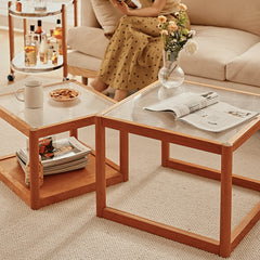 2-Pieces Square Cherry Wood Coffee Table – Modern with Glass Top for LIvingroom fyg-669