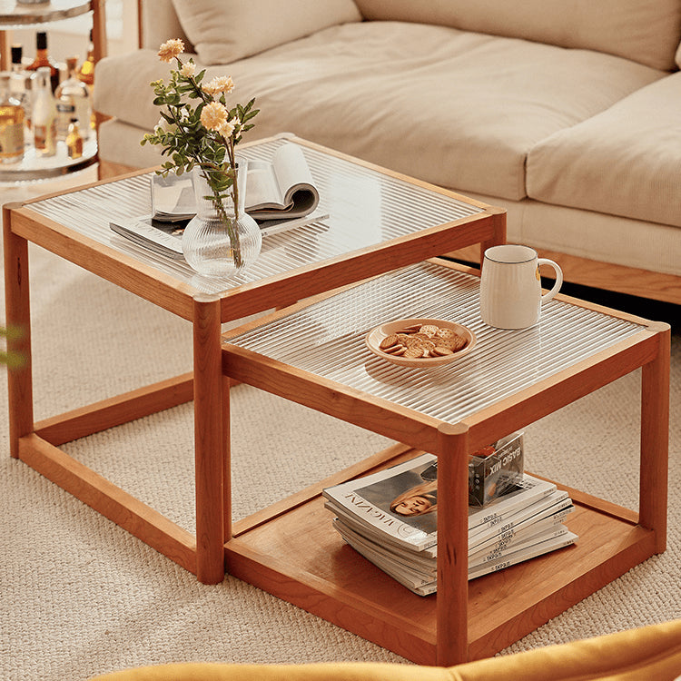 2-Pieces Square Cherry Wood Coffee Table – Modern with Glass Top for LIvingroom fyg-669