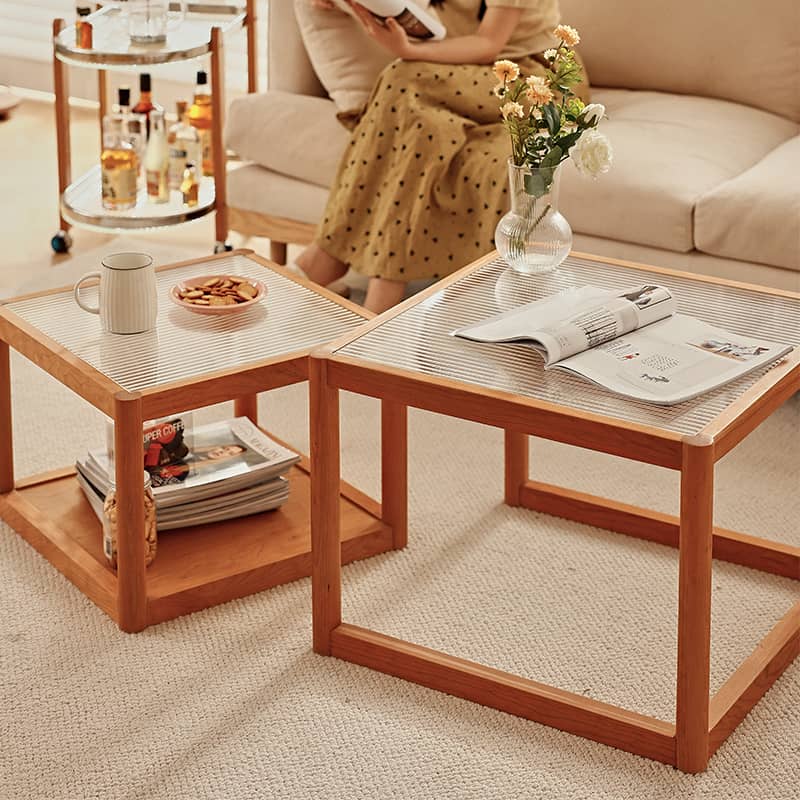 2-Pieces Square Cherry Wood Coffee Table – Modern with Glass Top for LIvingroom fyg-669