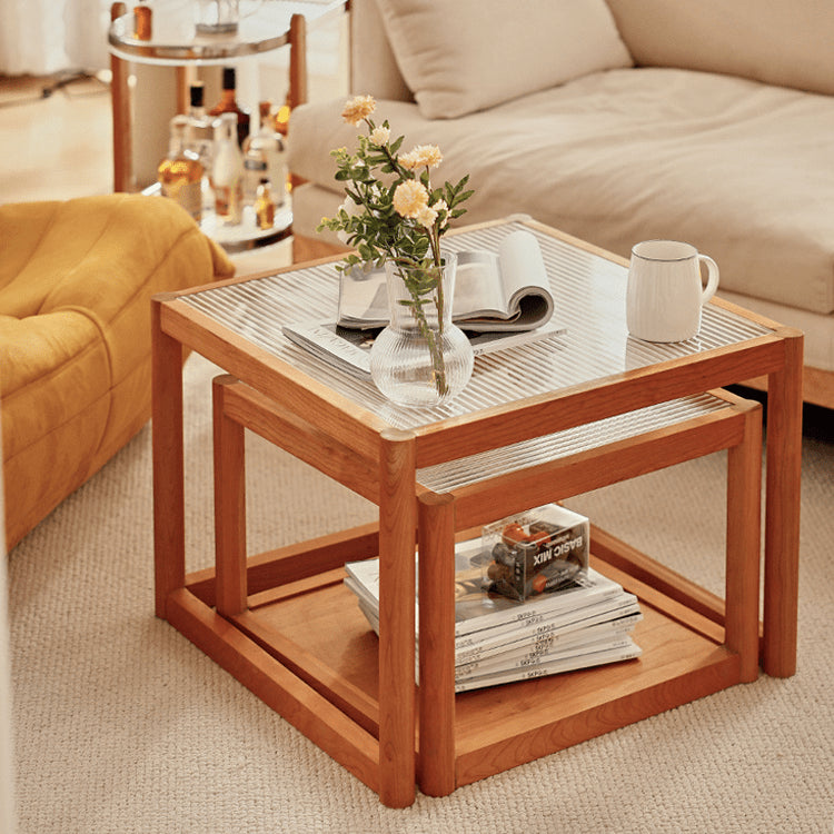 2-Pieces Square Cherry Wood Coffee Table – Modern with Glass Top for LIvingroom fyg-669