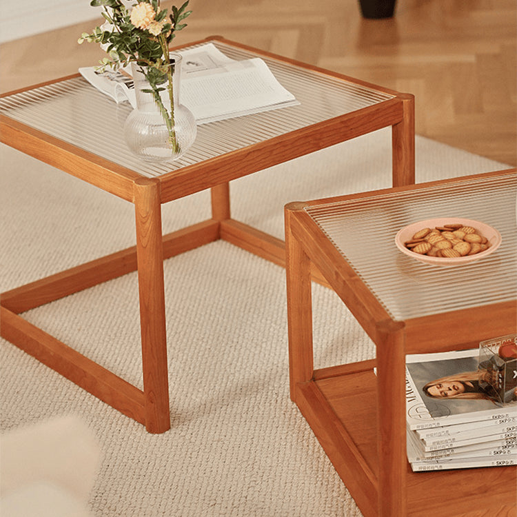 2-Pieces Square Cherry Wood Coffee Table – Modern with Glass Top for LIvingroom fyg-669