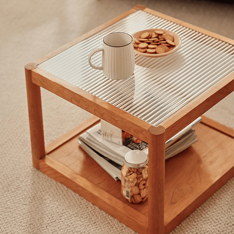 2-Pieces Square Cherry Wood Coffee Table – Modern with Glass Top for LIvingroom fyg-669