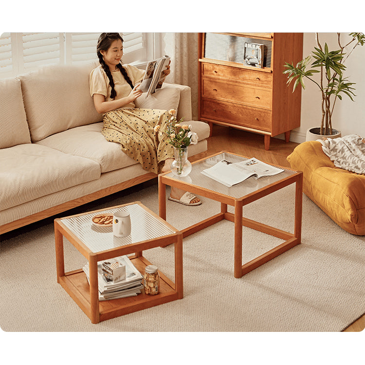 2-Pieces Square Cherry Wood Coffee Table – Modern with Glass Top for LIvingroom fyg-669