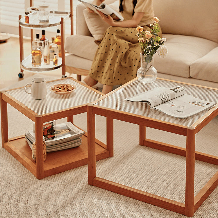 2-Pieces Square Cherry Wood Coffee Table – Modern with Glass Top for LIvingroom fyg-669