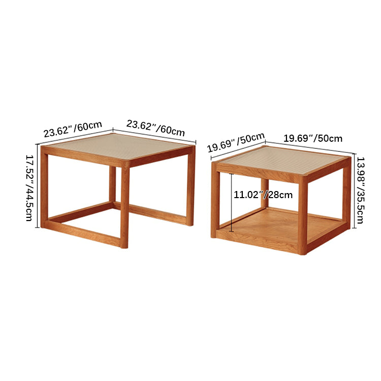 2-Pieces Square Cherry Wood Coffee Table – Modern with Glass Top for LIvingroom fyg-669