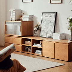 Elegant Cherry Wood Cabinet with Metal Accents and Glass Doors - Natural Finish fyg-671