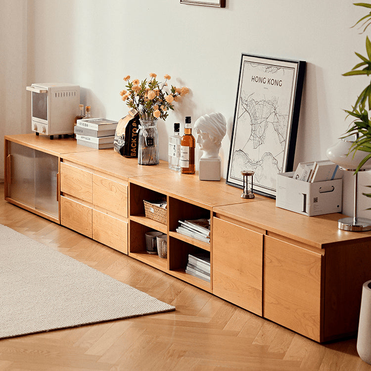 Elegant Cherry Wood Cabinet with Metal Accents and Glass Doors - Natural Finish fyg-671