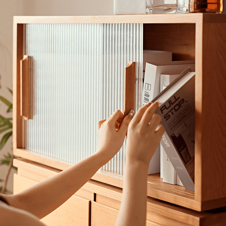 Elegant Cherry Wood Cabinet with Metal Accents and Glass Doors - Natural Finish fyg-671