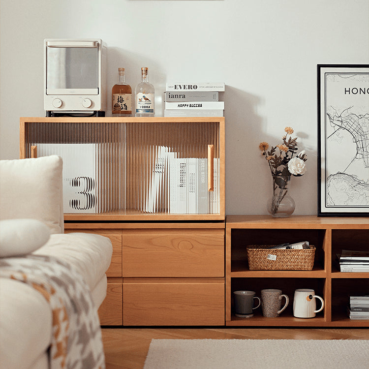 Elegant Cherry Wood Cabinet with Metal Accents and Glass Doors - Natural Finish fyg-671