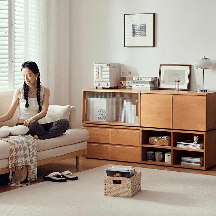 Elegant Cherry Wood Cabinet with Metal Accents and Glass Doors - Natural Finish fyg-671