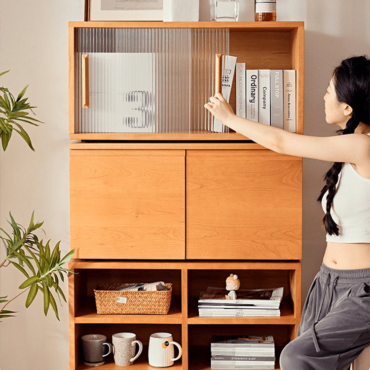 Elegant Cherry Wood Cabinet with Metal Accents and Glass Doors - Natural Finish fyg-671