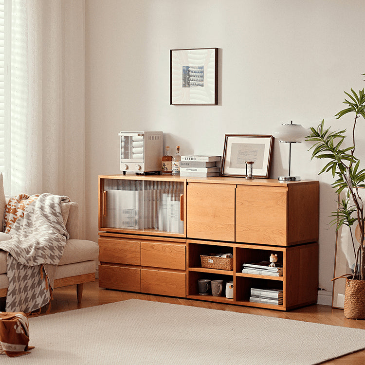 Elegant Cherry Wood Cabinet with Metal Accents and Glass Doors - Natural Finish fyg-671