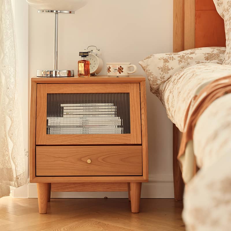 Elegant Cherry Wood Nightstand with Glass and Rattan Accents fyg-676