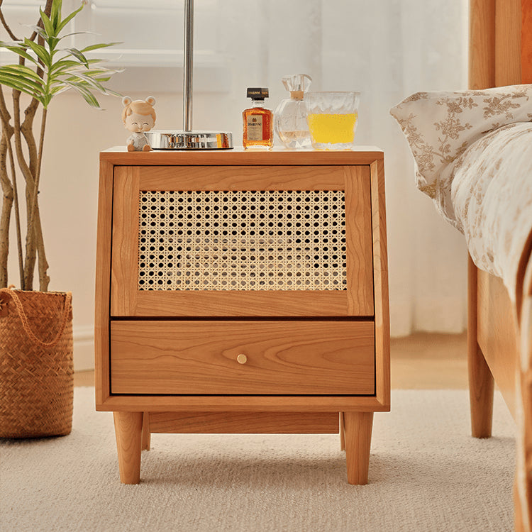 Elegant Cherry Wood Nightstand with Glass and Rattan Accents fyg-676