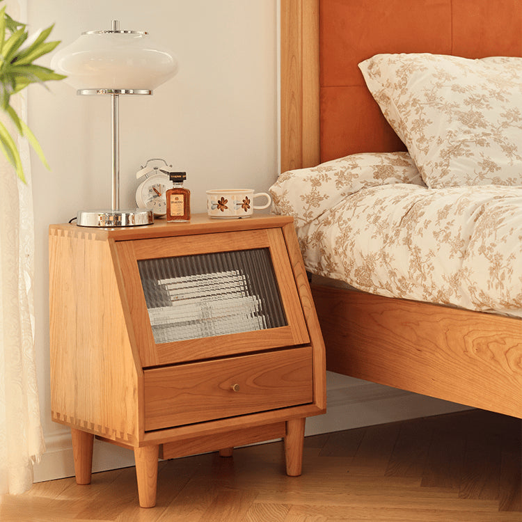 Elegant Cherry Wood Nightstand with Glass and Rattan Accents fyg-676