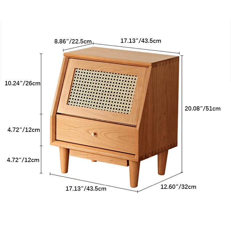 Elegant Cherry Wood Nightstand with Glass and Rattan Accents fyg-676