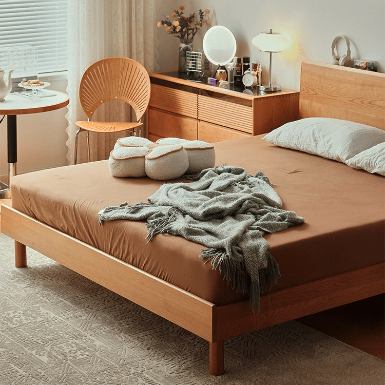 Modern Cal King Cherry Wood Bed Frame - Minimalistic Design with Solid Wood Headboard for Bedroom fyg-677