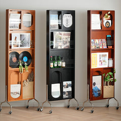 Stylish Multi-Material Storage Rack with Glass Shelves - Natural Wood, Brown, and Black Accents fyx-822