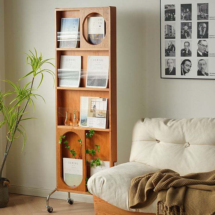 Stylish Multi-Material Storage Rack with Glass Shelves - Natural Wood, Brown, and Black Accents fyx-822