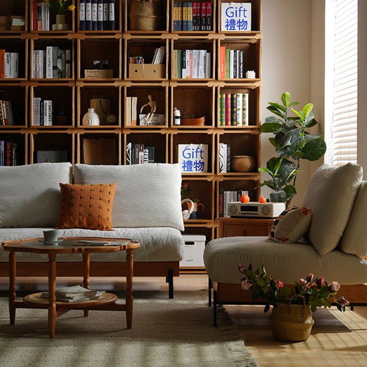 Elegant Off White Sofa with Cherry Wood Accents and Plush Corduroy Finish fyx-829