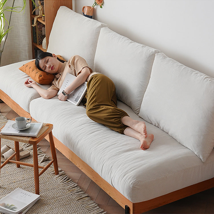 Elegant Off White Sofa with Cherry Wood Accents and Plush Corduroy Finish fyx-829