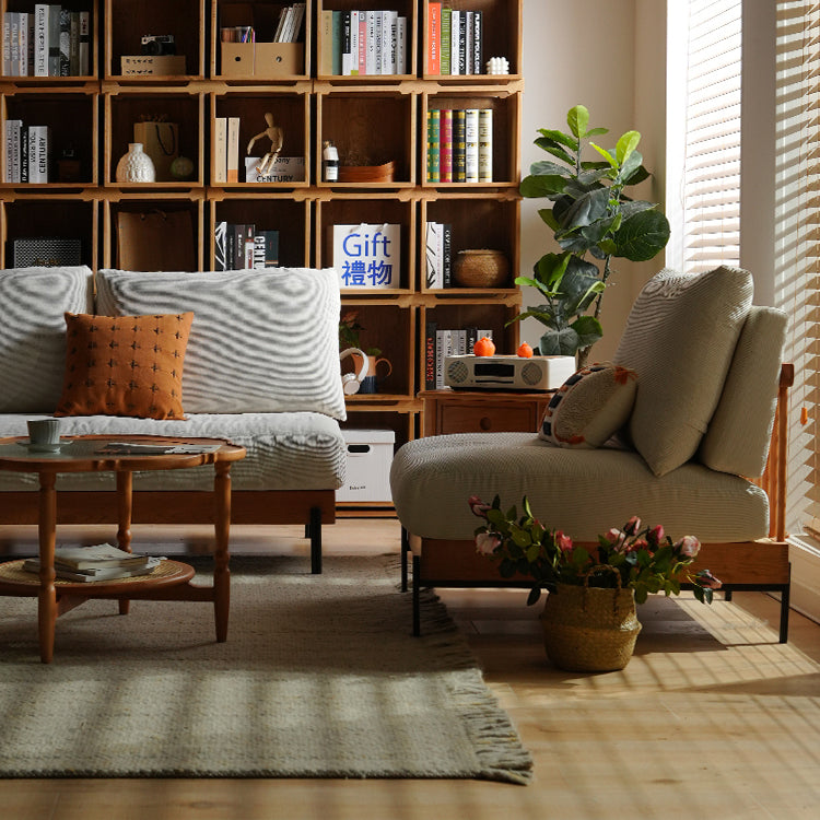 Elegant Off White Sofa with Cherry Wood Accents and Plush Corduroy Finish fyx-829