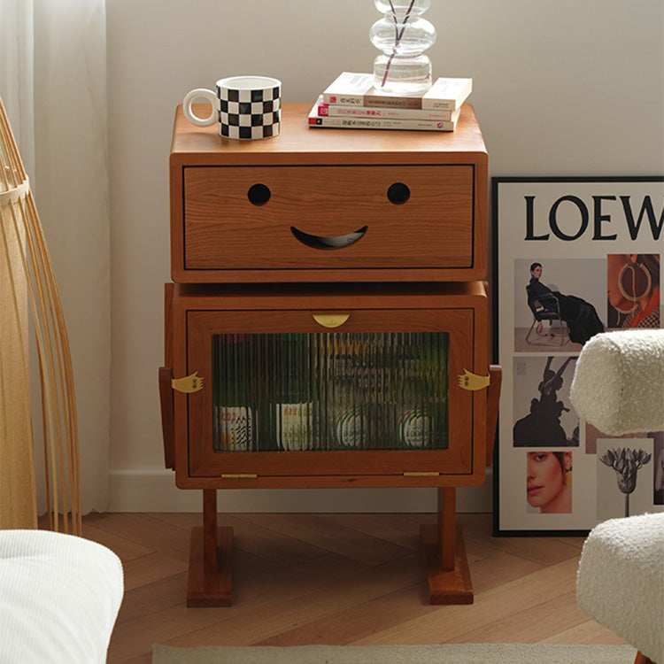 Elegant Natural Cherry Wood & Plywood Cabinet with Glass Doors and Copper Accents fyx-849