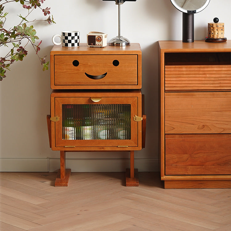 Elegant Natural Cherry Wood & Plywood Cabinet with Glass Doors and Copper Accents fyx-849