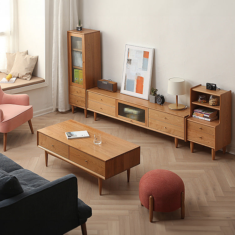 Elegant TV Cabinet with Natural Oak, Cherry, and Copper Accents fyx-855