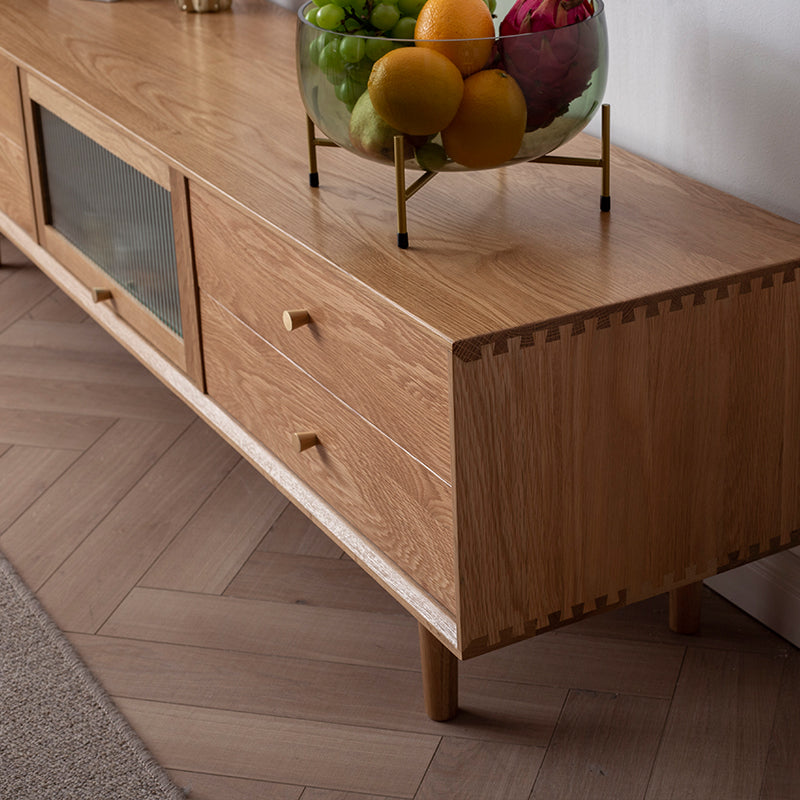 Elegant TV Cabinet with Natural Oak, Cherry, and Copper Accents fyx-855