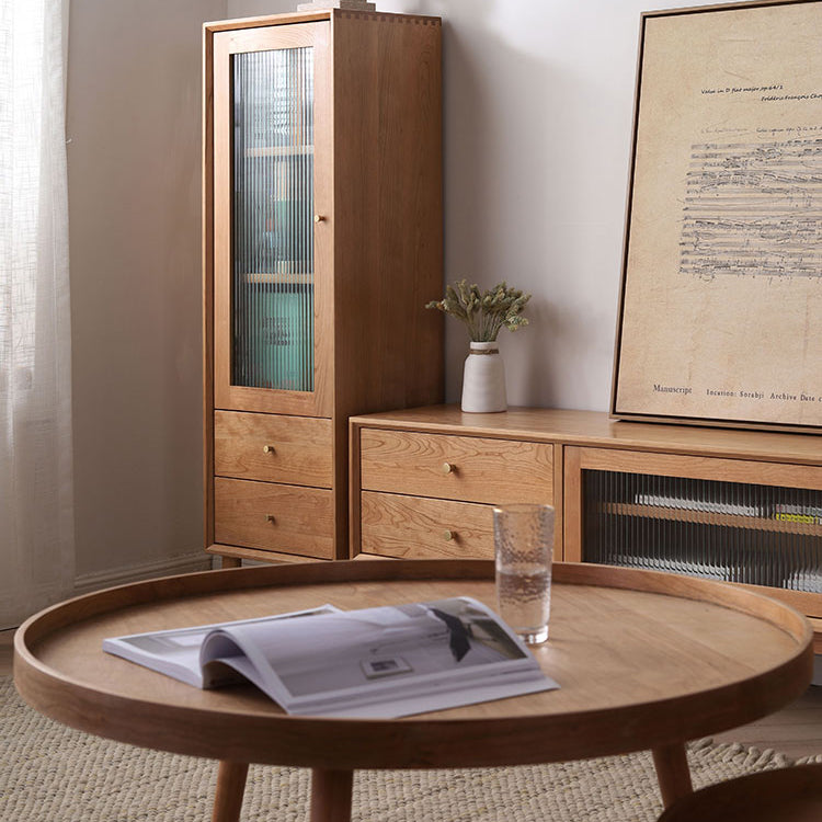 Elegant Oak and Cherry Wood Glass Cabinet with Copper Accents - Versatile Paulownia Storage Solution fyx-856