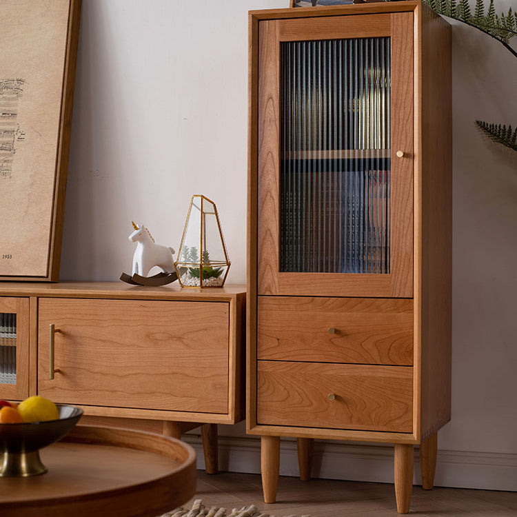 Elegant Oak and Cherry Wood Glass Cabinet with Copper Accents - Versatile Paulownia Storage Solution fyx-856