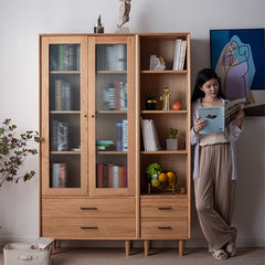 Elegant Brown Cherry and Paulownia Wood Cabinet with Glass and Metal Accents fyx-857