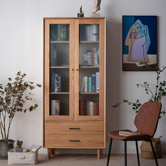 Elegant Brown Cherry and Paulownia Wood Cabinet with Glass and Metal Accents fyx-857